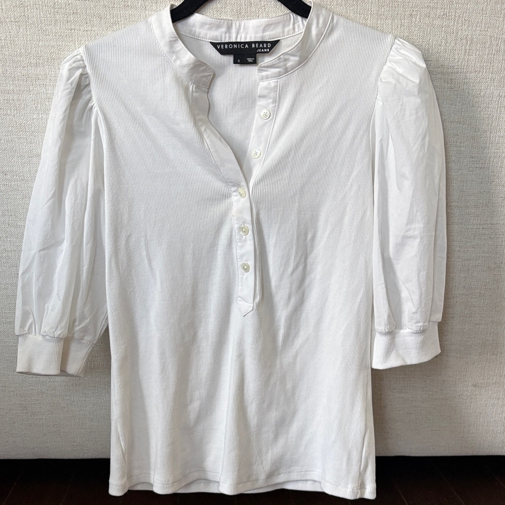 Veronica Beard White Puff-Sleeve Henley Top